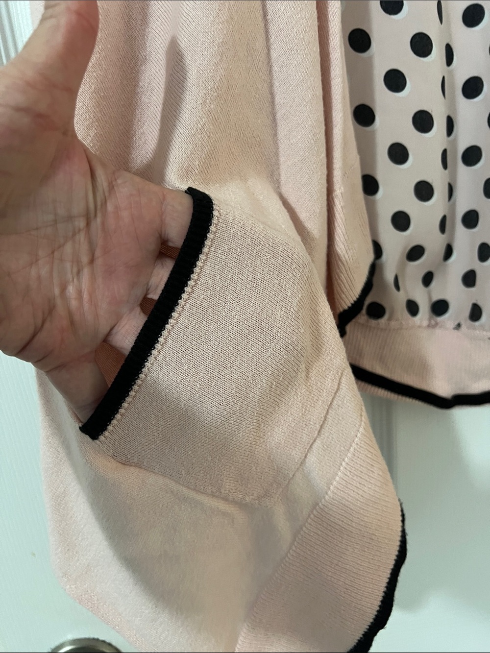 Elle Blush Pink Open-Front Cardigan with Black Trim - Picture 4 of 15